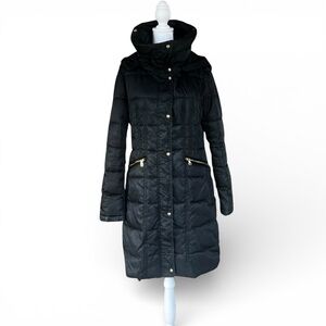 Vince Camuto Black Long Puffer Coat Gold Zip Hooded M